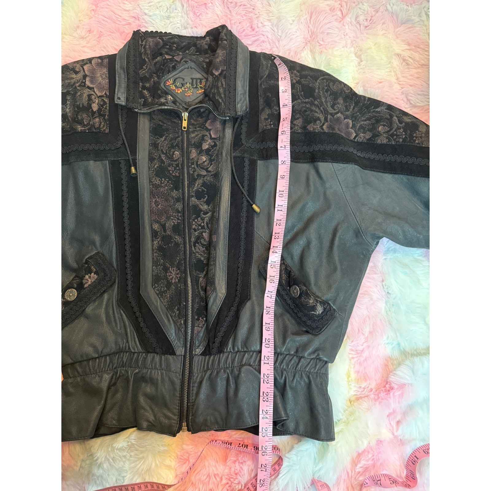 Vintage G-III Rare Leather Floral Lace Quilted Bomber Jacket Black EUC