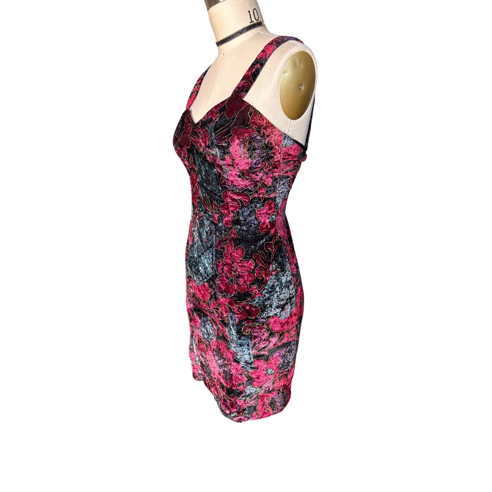 90s Rampage Floral Prom Velvet Bodycon Dress Burgundy Gold Burnout Vintage