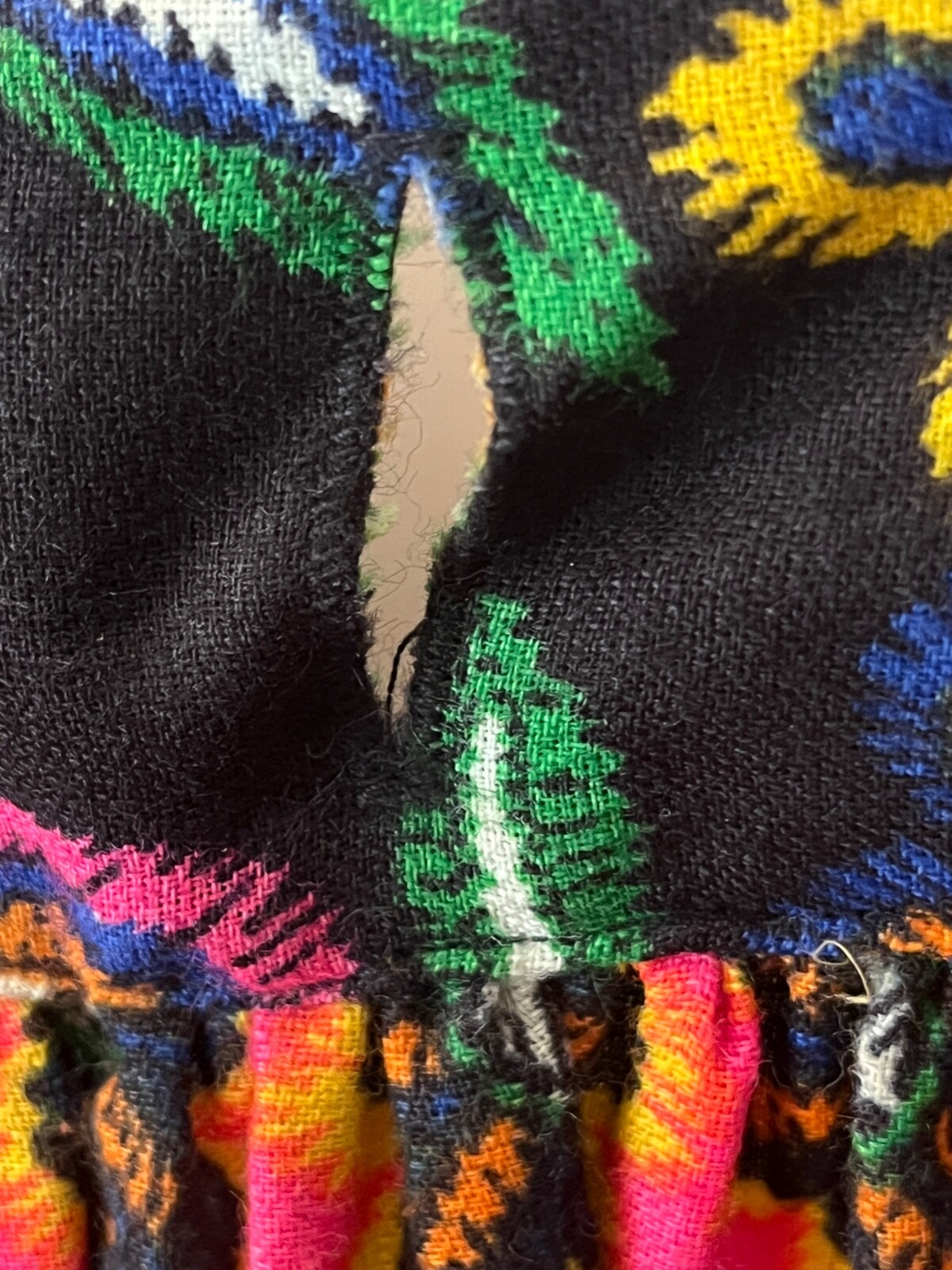 Vintage c. 1970 I. Magnin Floral Ethnic Neon Colors on Black Long Wrap Skirt