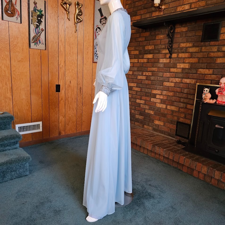 Vtg 70s Dreamy Chiffon Bishop Sleeves Powder Blue Prom Gown Bewitched Dress M