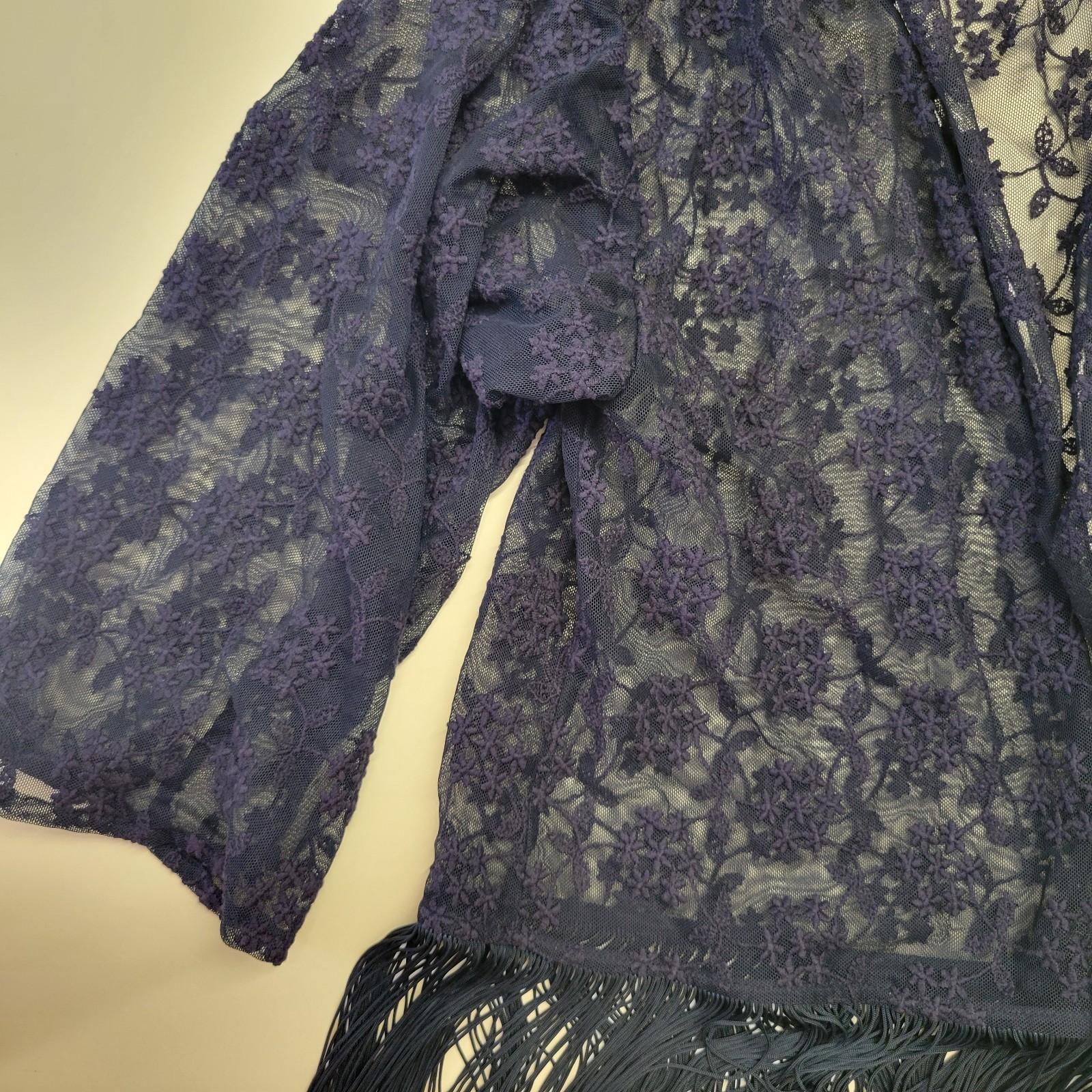 Boho Country Western Fringe Lace Cardigan, Women L, Dark Navy Blue, 3/4 Sleeve