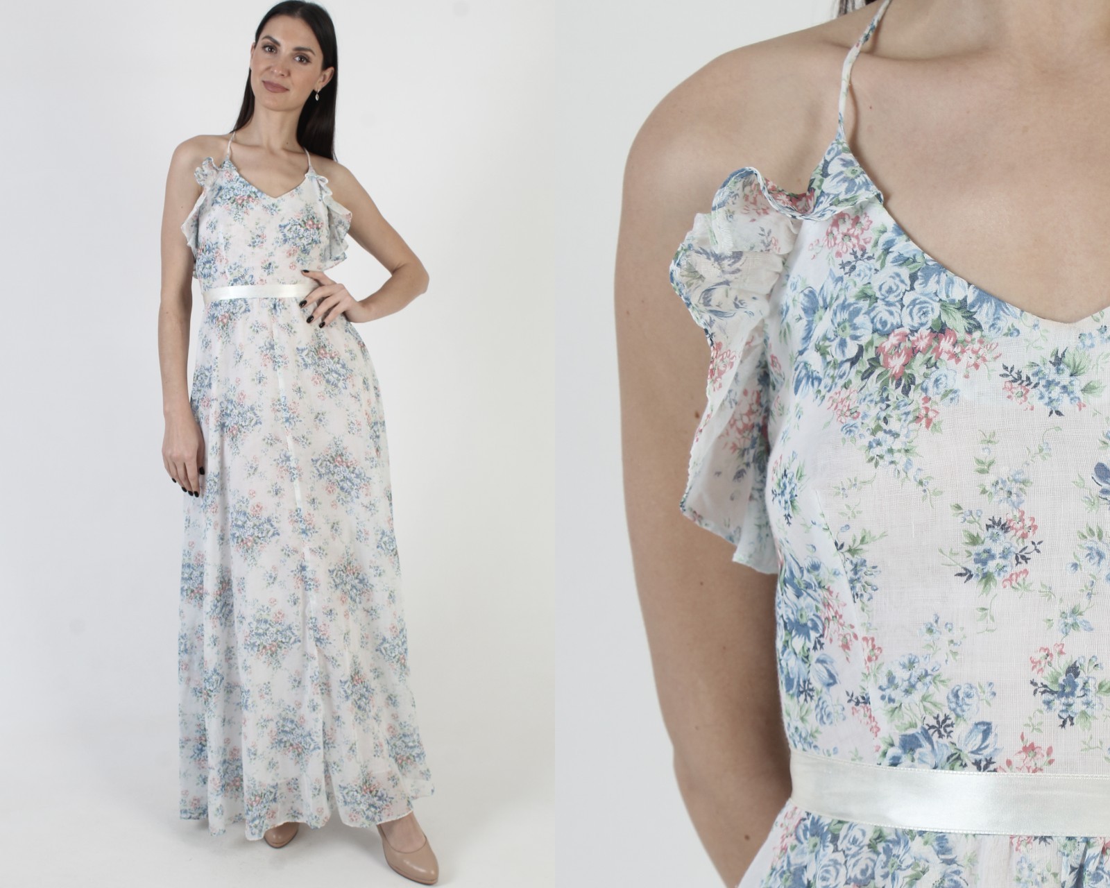 Vtg Off White Prairie Sundress Open Back Spaghetti Strap Cottage Boho Maxi Dress