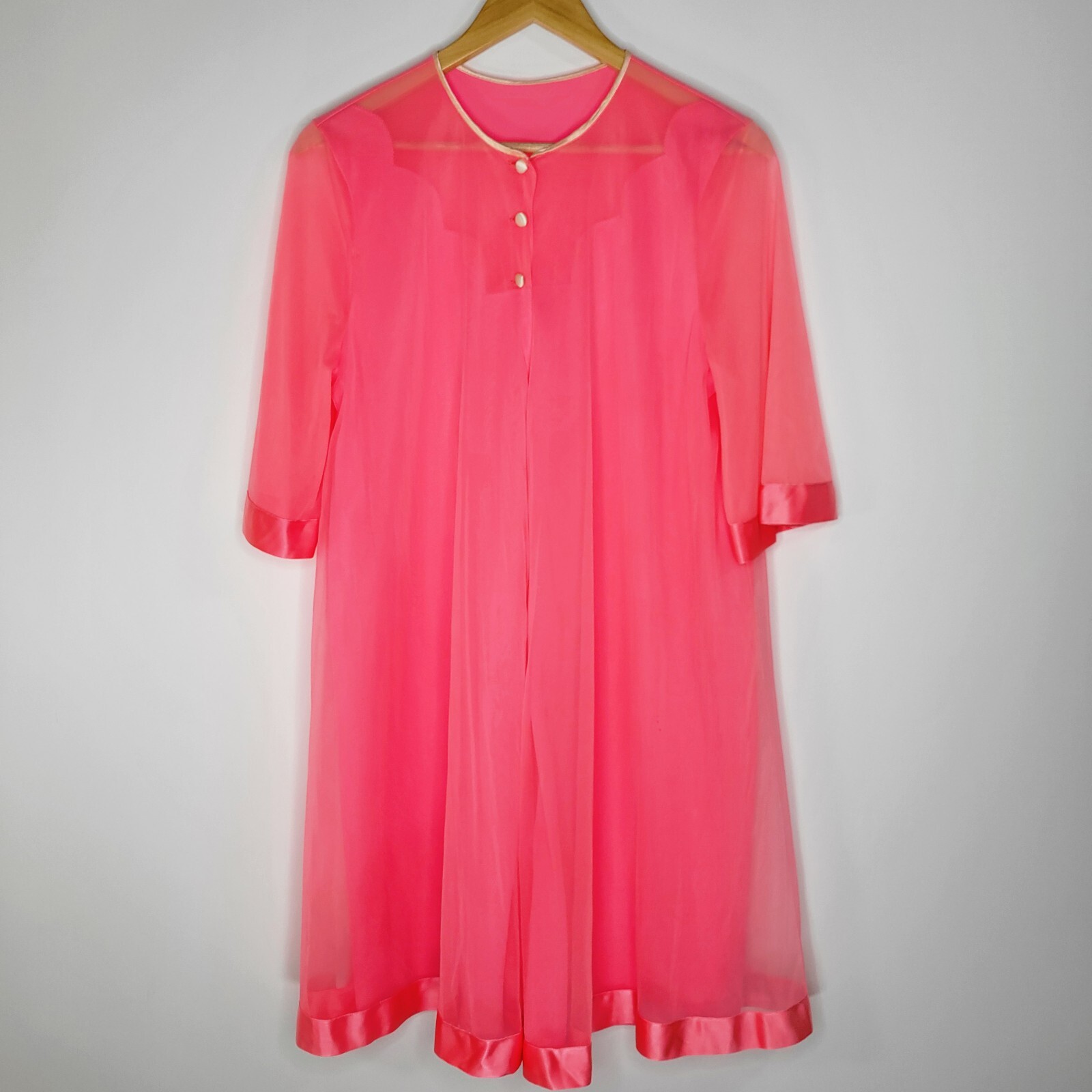 Vtg LORRAINE Hot Pink Peignoir Sz M Half Sleeve Baby Doll Dressing Gown 60s