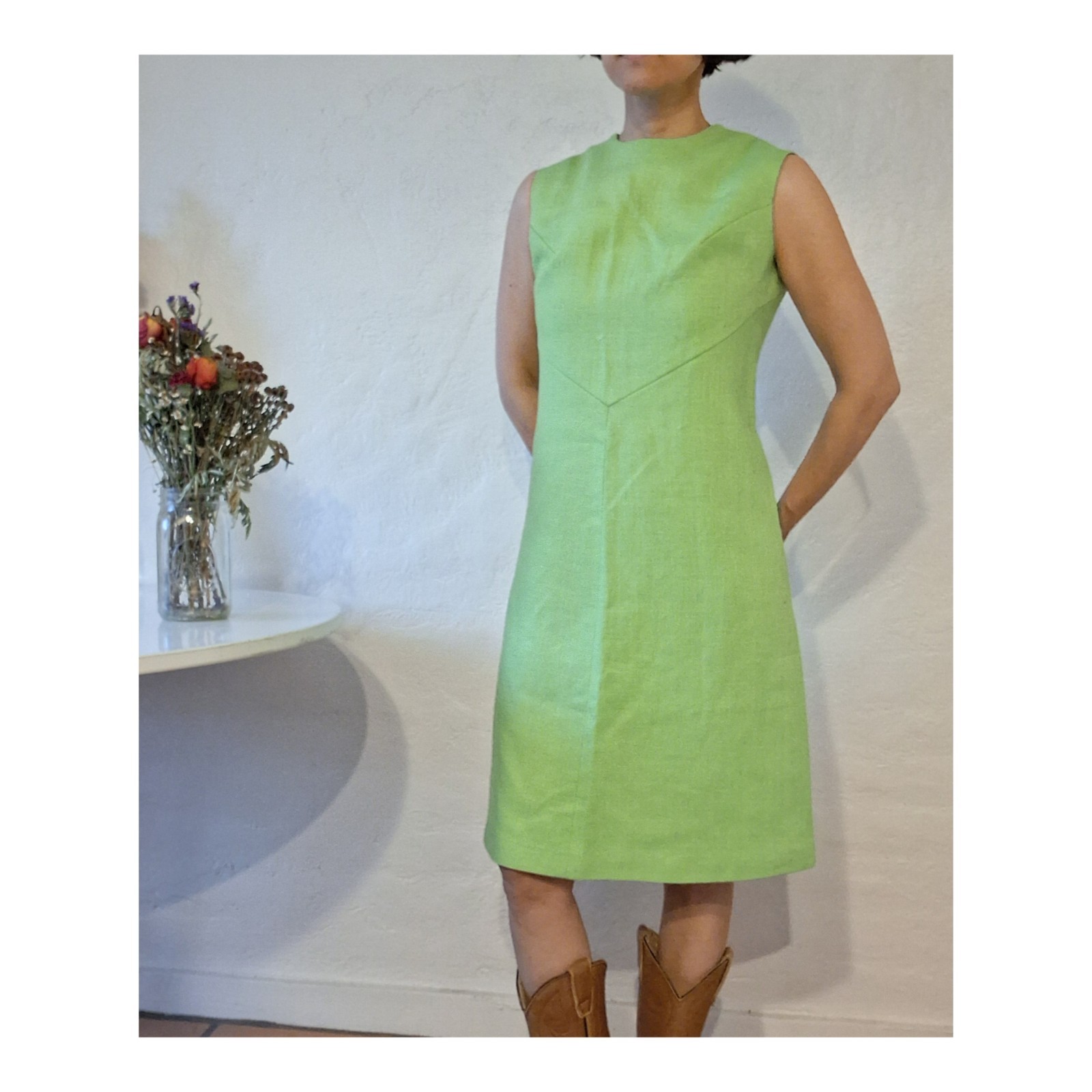 VTG 1960s Mod Shift Dress Lime Green Cotton Sleeveless Chevron Seam Midi M
