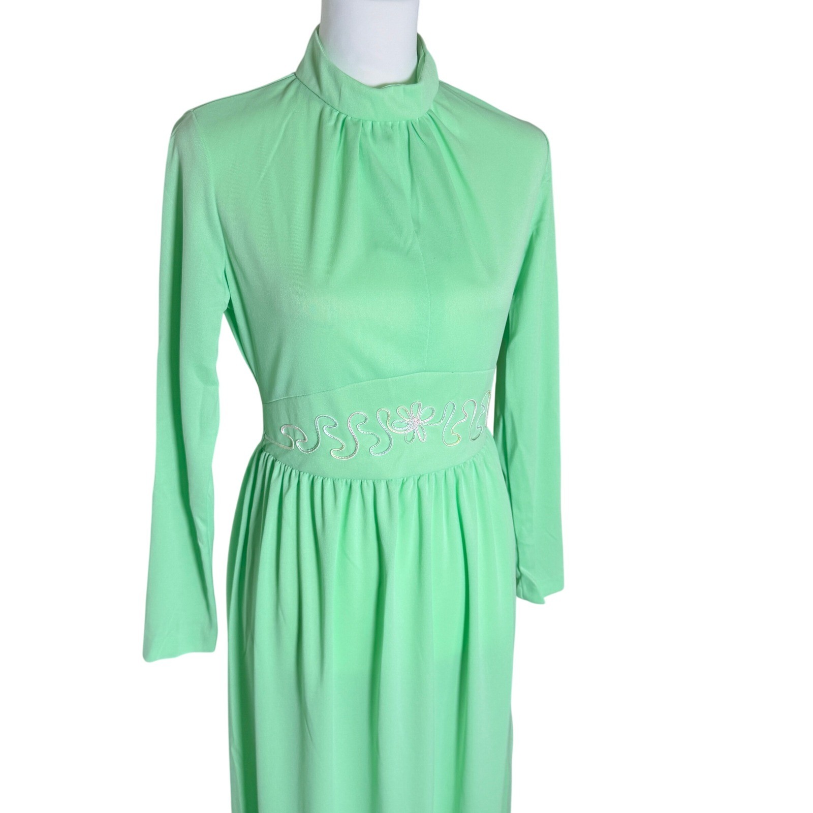 VTG Sears Mint Green Empire Waist Maxi Dress 1970’s Prairie Boho Cotagecore