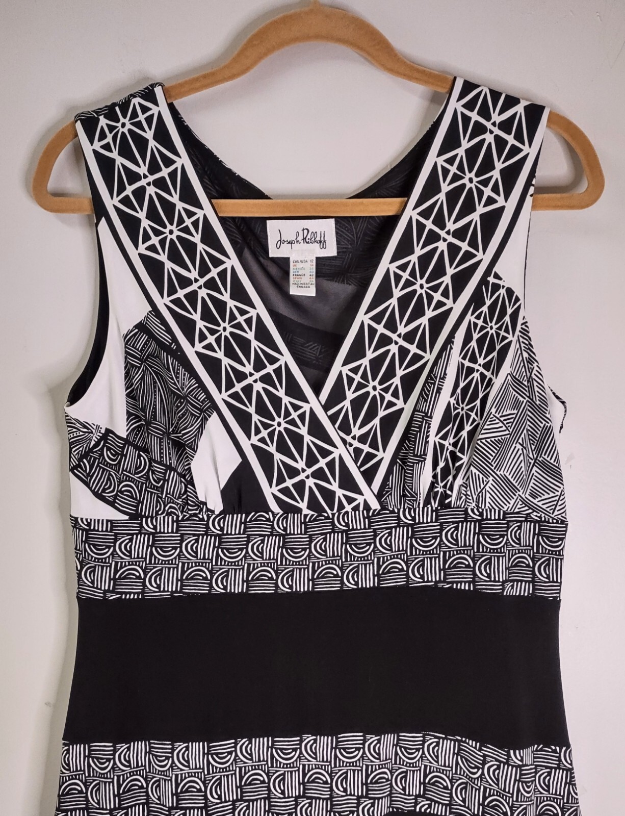 Joseph Ribkoff Vintage Black White Geometric Fit And Flare Dress Deep V-Neck 12