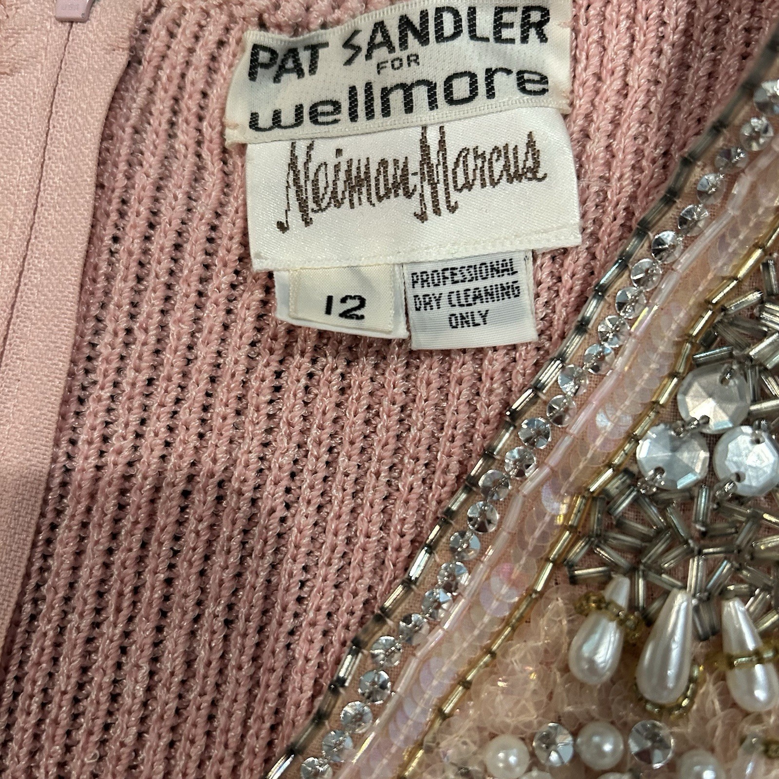 Pat Sandler Wellmore Neiman Marcus Pink Beaded Knit Dress Vintage 70s Cocktail S