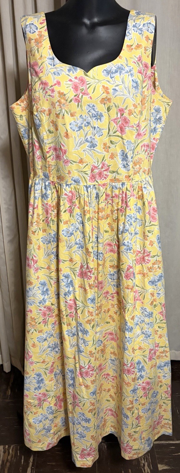 Women’s Laura Ashley Yellow Floral Sleeveless Dress Made USA US Size 14 Vintage