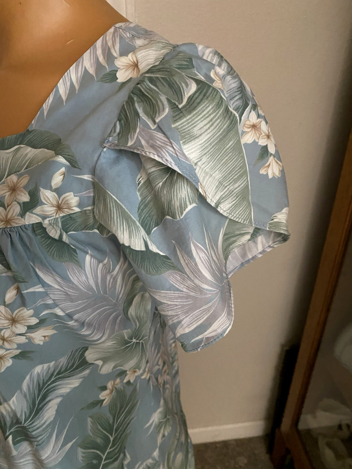 VTG ALOHA REPUBLIC BLUE EXOTIC FLORAL COTTON BLEND HAWAIIAN DRESS SZ S-M