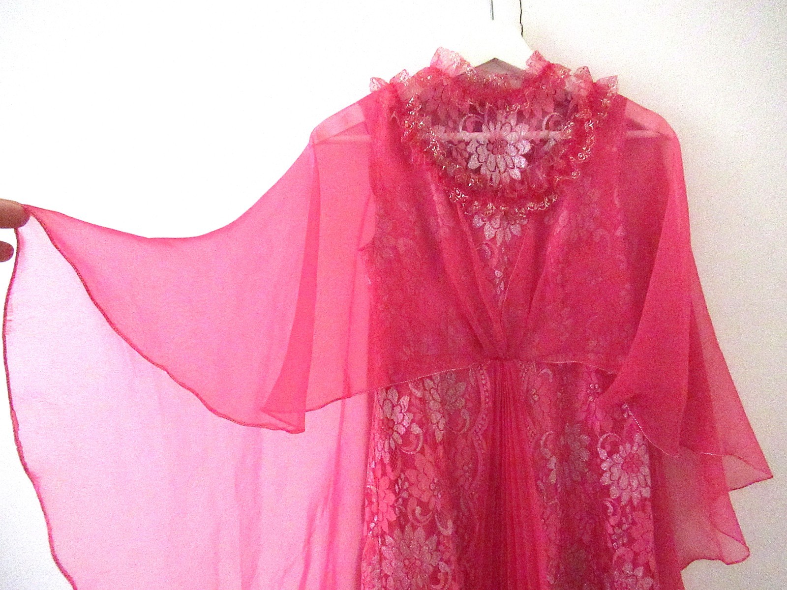 Vintage 70s Pink Lace Goddess Caplet Maxi Dress Small – Fairy Prom Party, Small