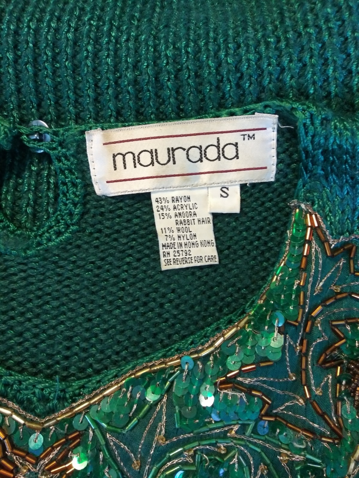Vtg 80’s Maurada Emerald Green Beaded Pullover Sweater Small