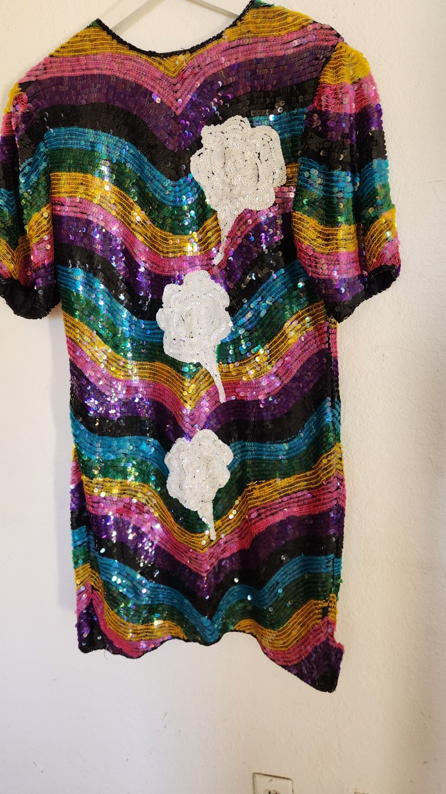 1980s Rainbow Stripe Silk Beaded Sequin Dress I Sz Med Imperial Handicrafts