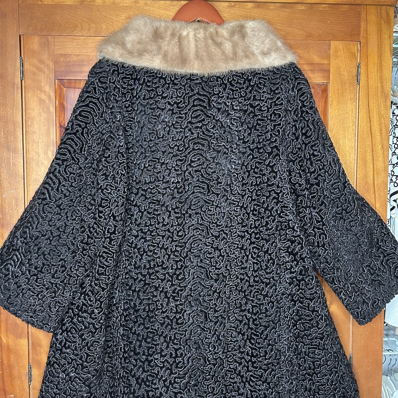 Vintage Astrakin Lepshire Longline Curly Persian Lamb Wool Coat with Mink Fur XL