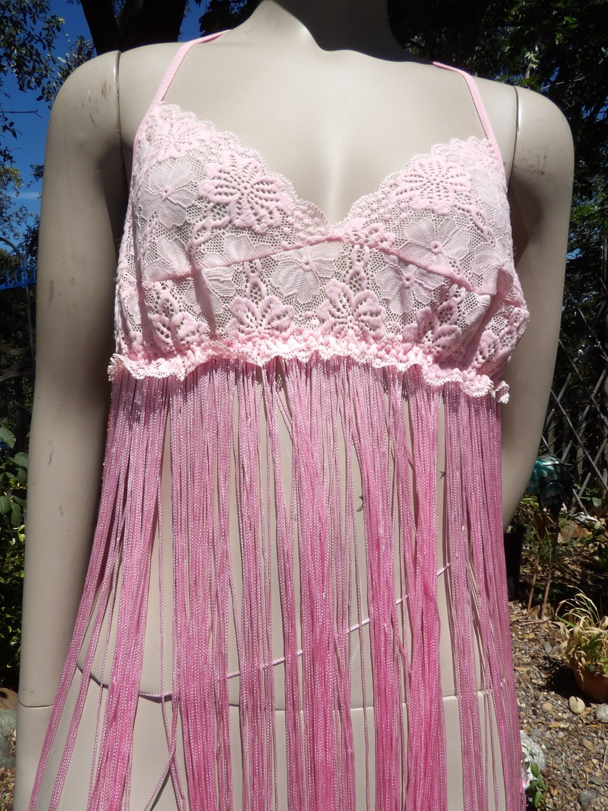 VTG SHIRLEY OF HOLLYWOOD PINK FRINGE & LACE BABY DOLL NIGHTY M