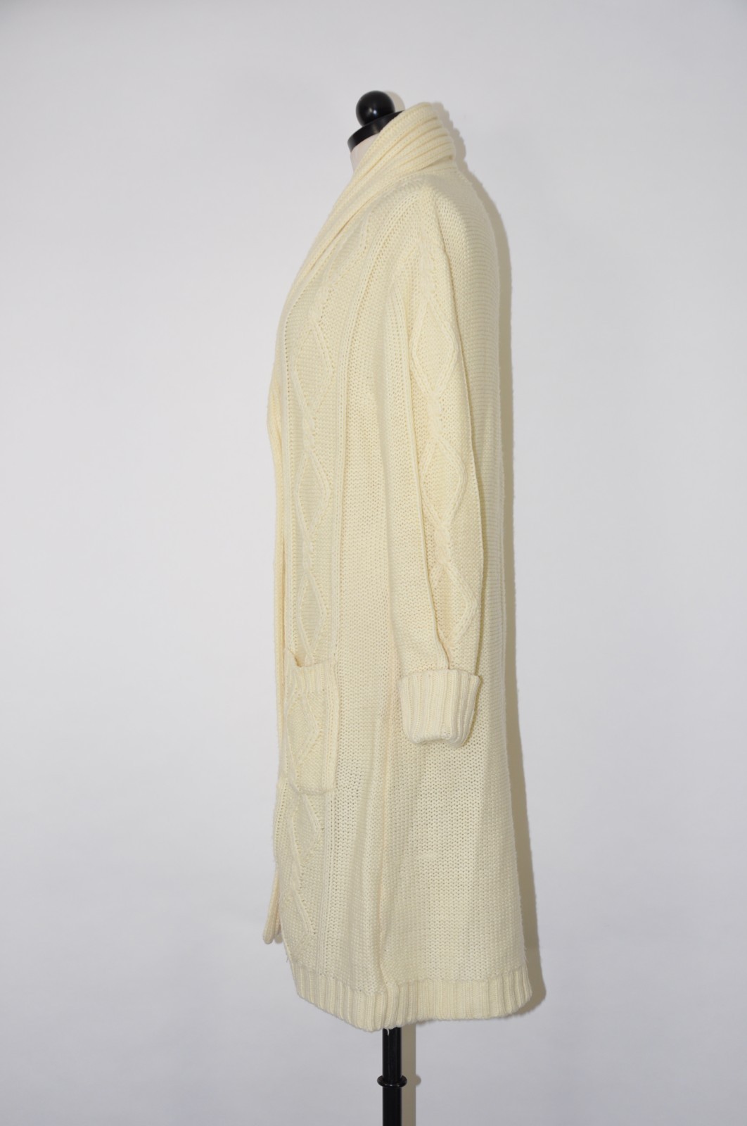 70s Cream Fisherman Cable Knit Shawl Duster Long Cardigan Sweater Coat Women M L