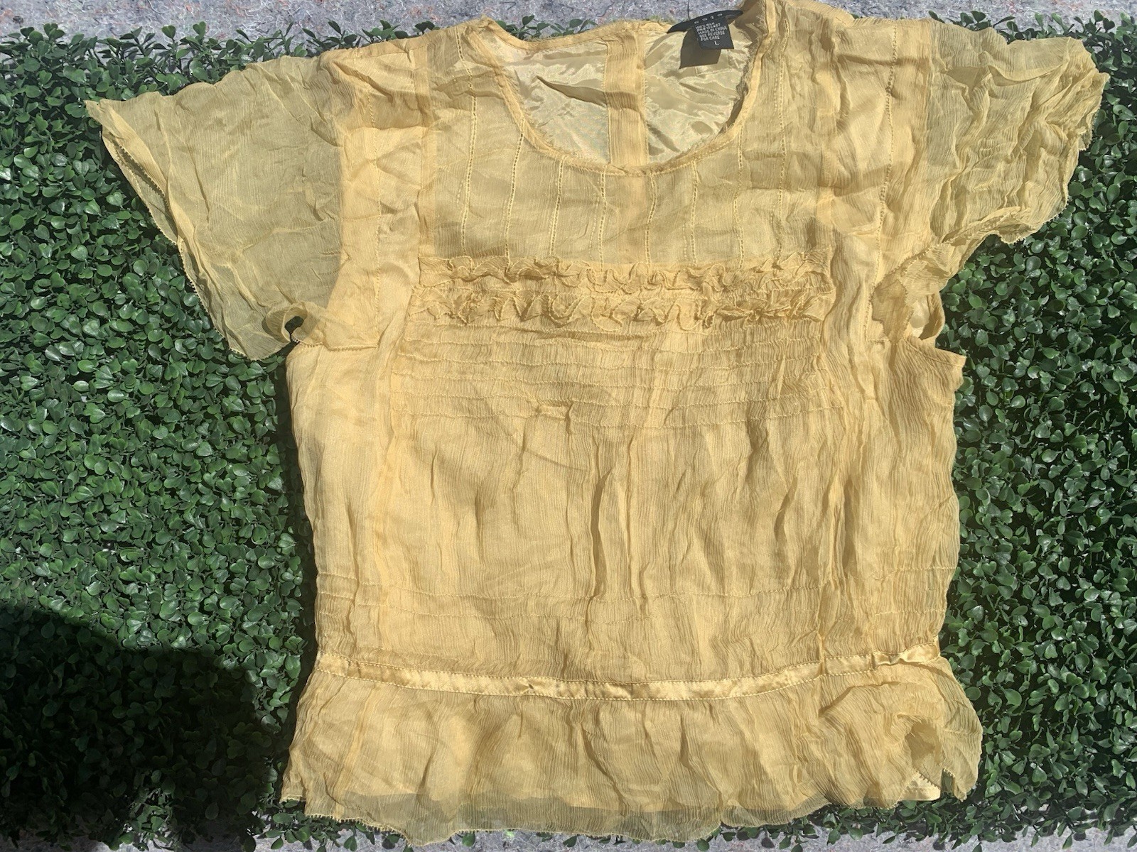 As Is vintage 90s Y2K designer yellow gold silk chiffon crop blouse top