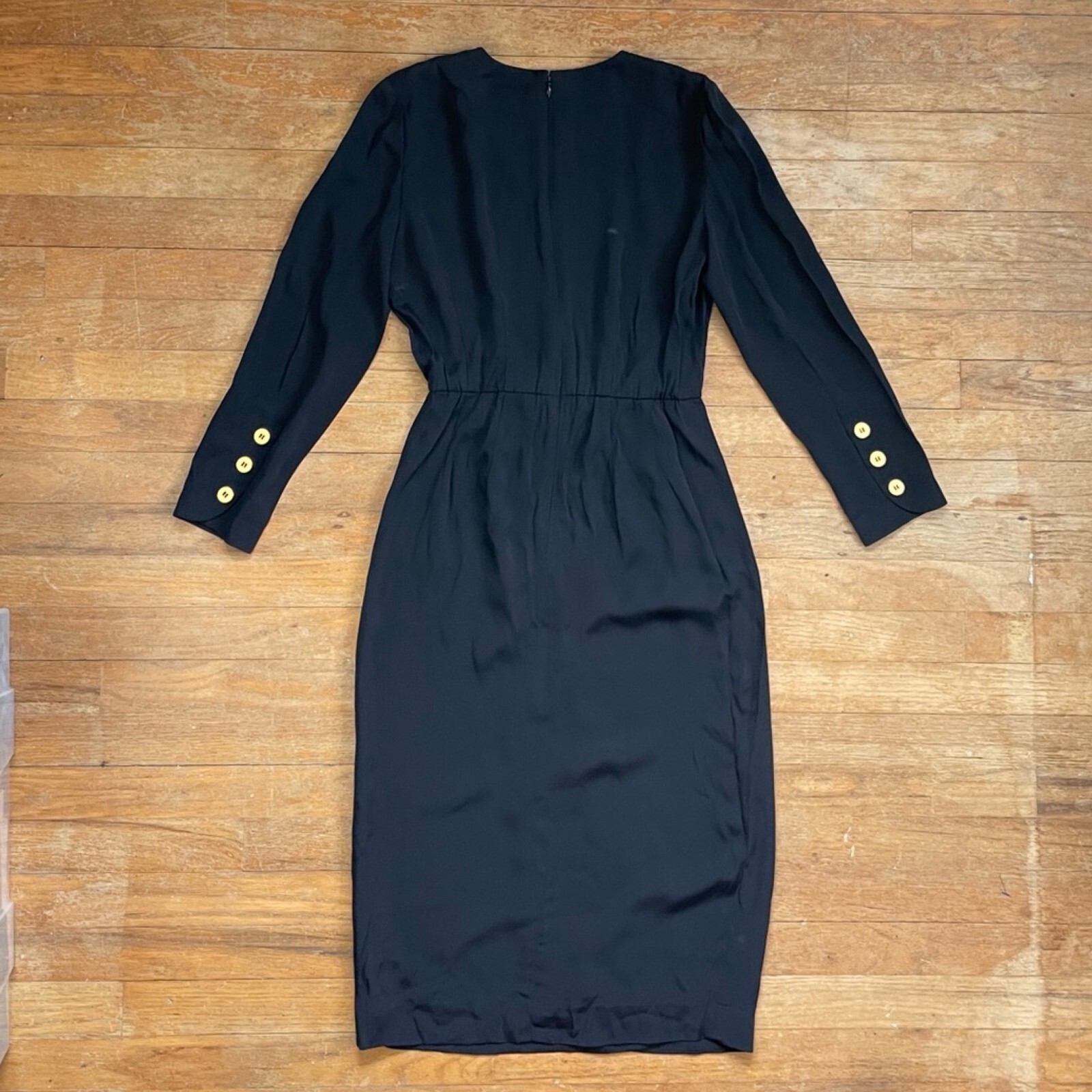 Vintage Black Sheath Dress Size XS 90s Military Style Long Sleeve Gold Buttons