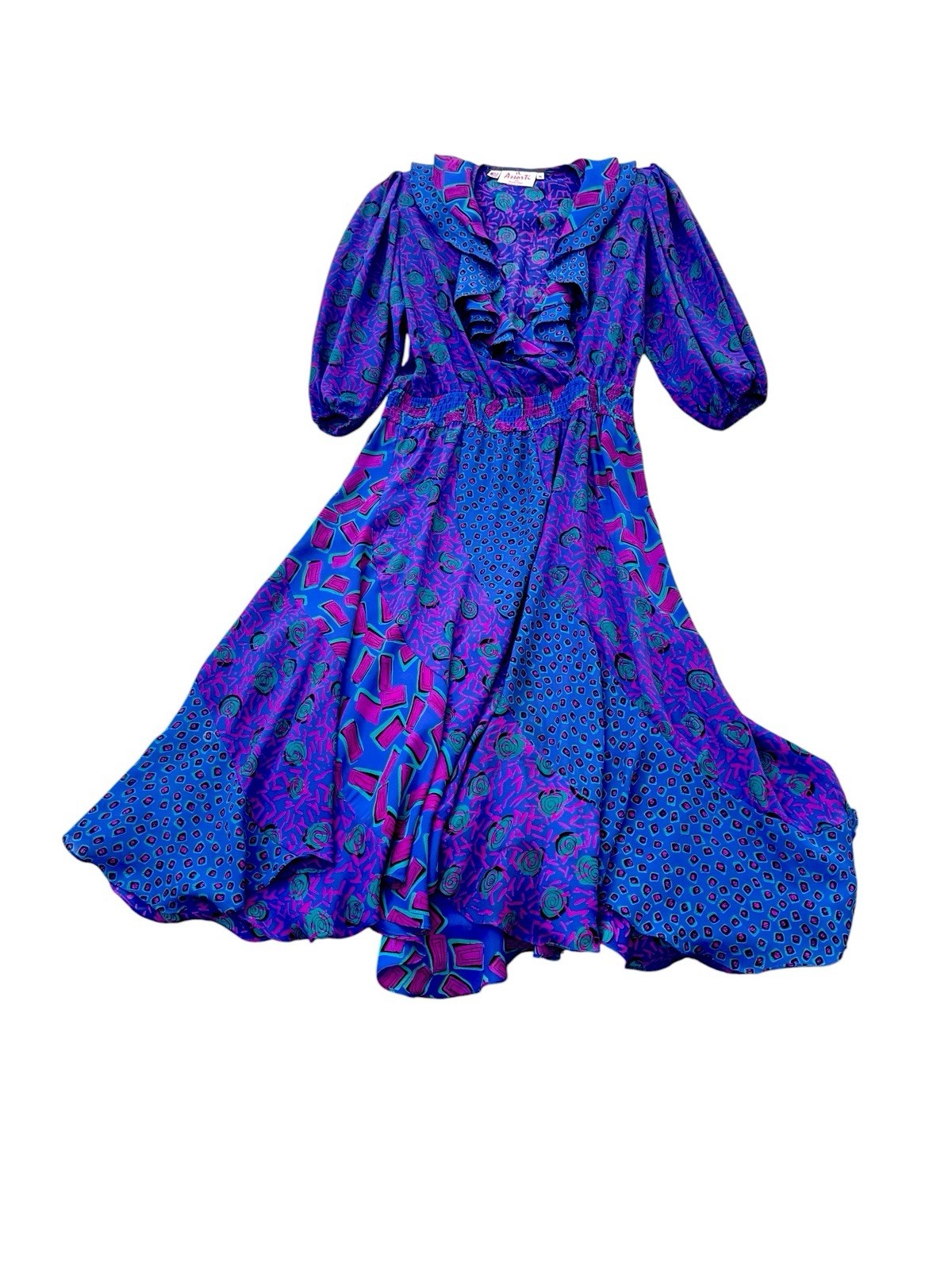 Vtg 80s Susan Freis Dress Sz S/M Magenta Purple Floral Puff Sleeve Garden Party
