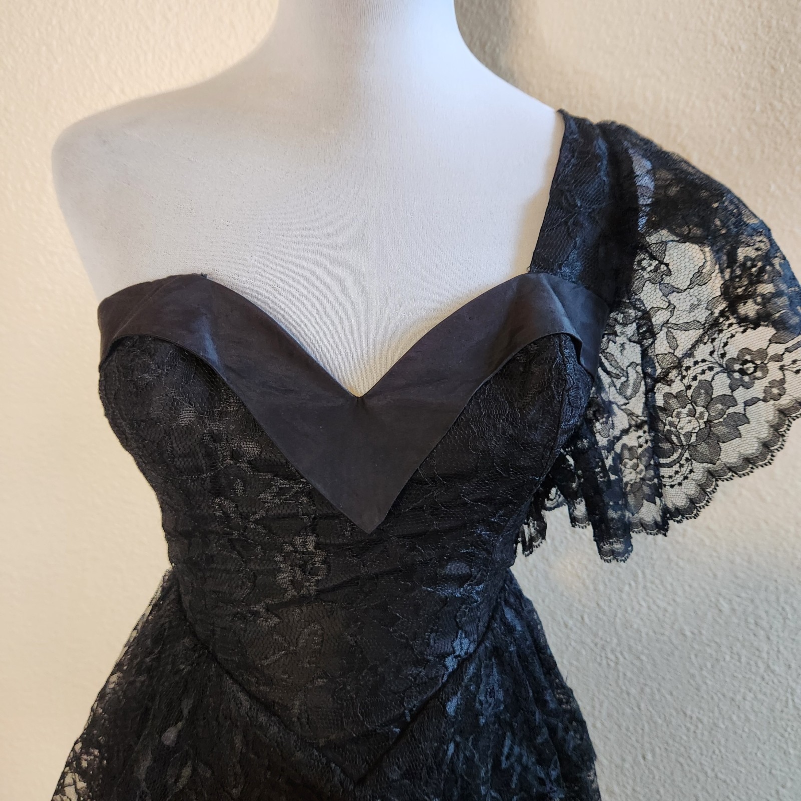 Vtg Black Lace One Shoulder Cocktail Dress 80s Peplum Climax For David Howard