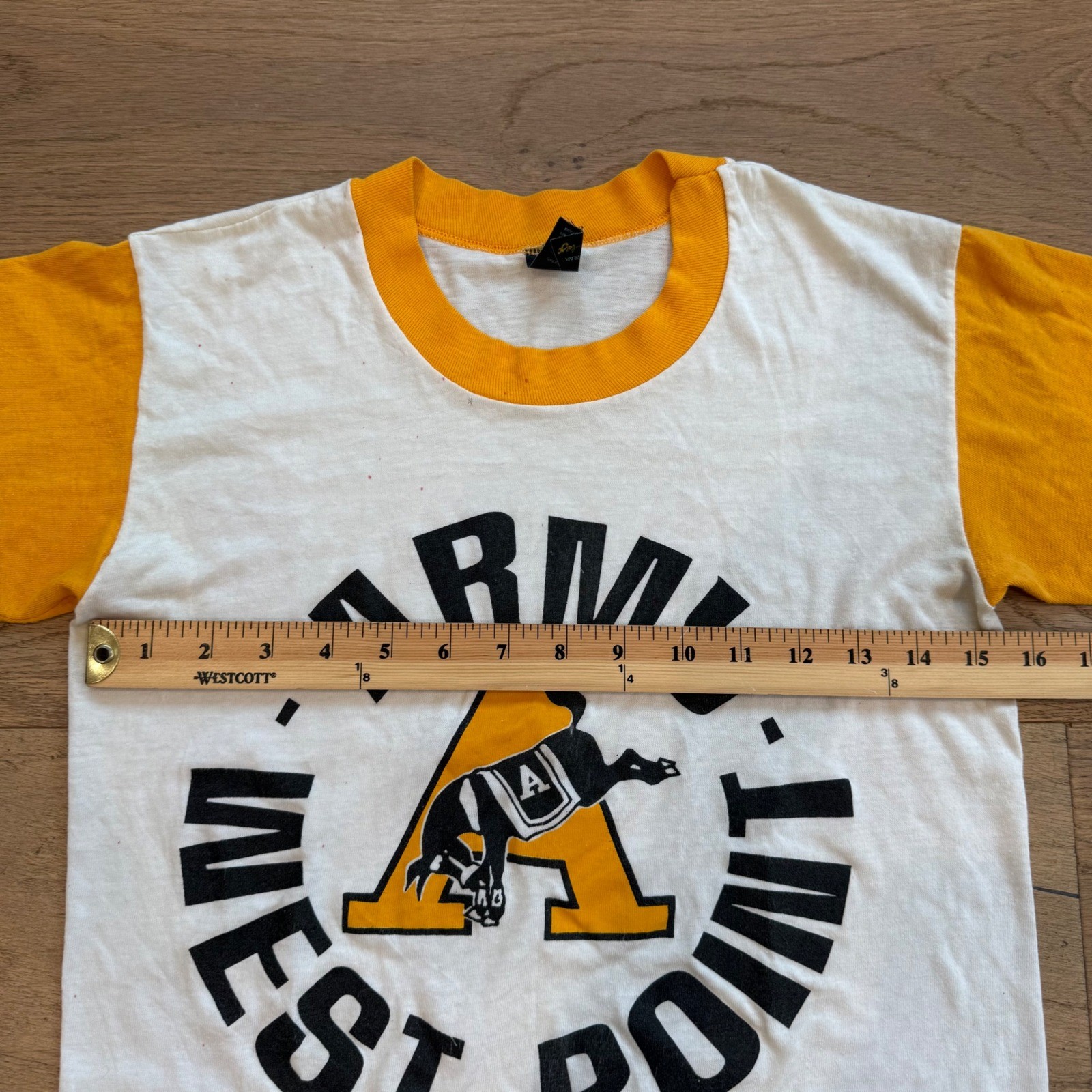 Vintage Army West Point Ringer T-Shirt Artex Small White Gold Mule Mascot USA
