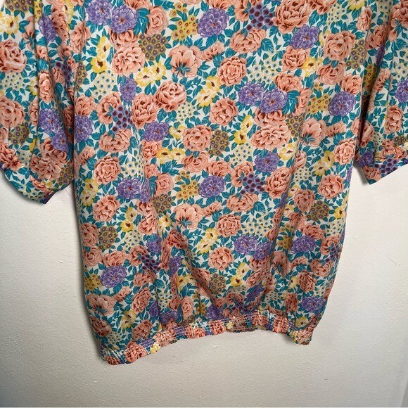 Vintage Loubella Women’s Size 12 Popover Blouse Purple Teal Floral Half Button
