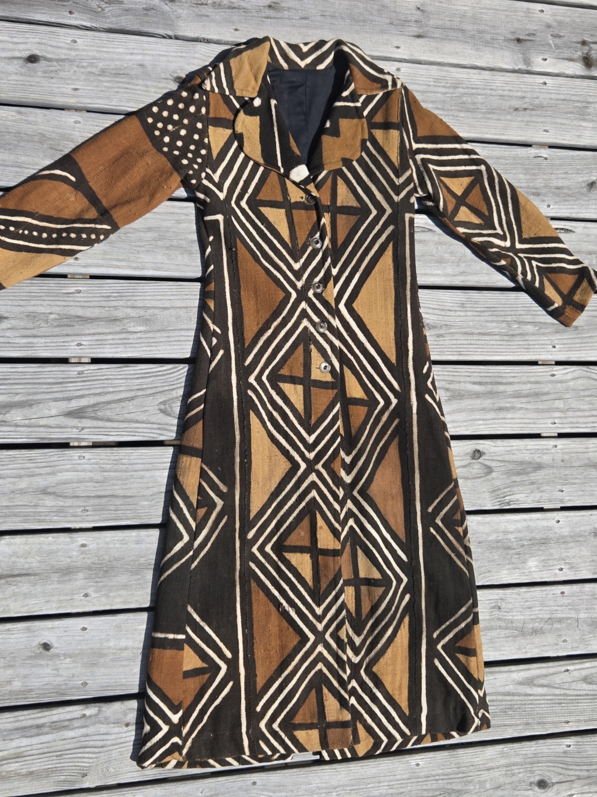 Vintage African Mudcloth Bogolan Long Duster Coat Geometric Handwoven Boho Art