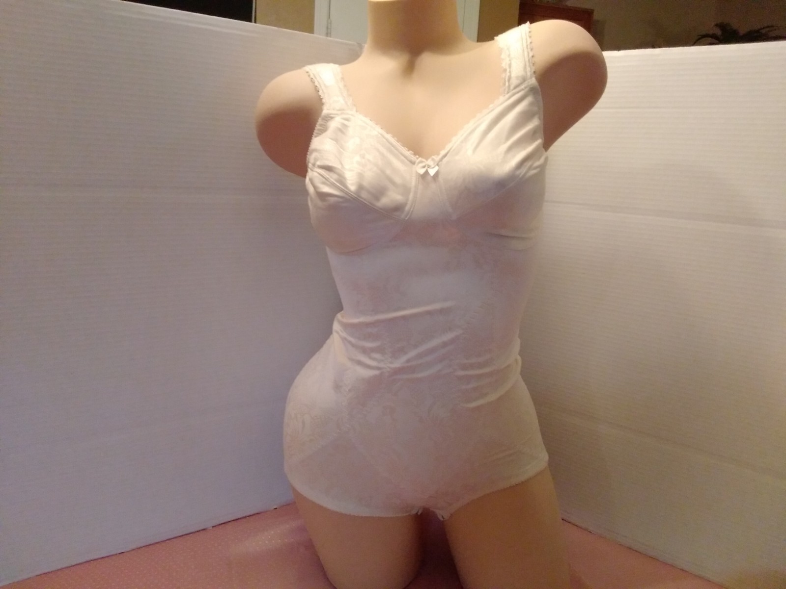 Vintage Nude Bodysuit Shaper Girdle 34D Shiny Satin Brocade Flexees