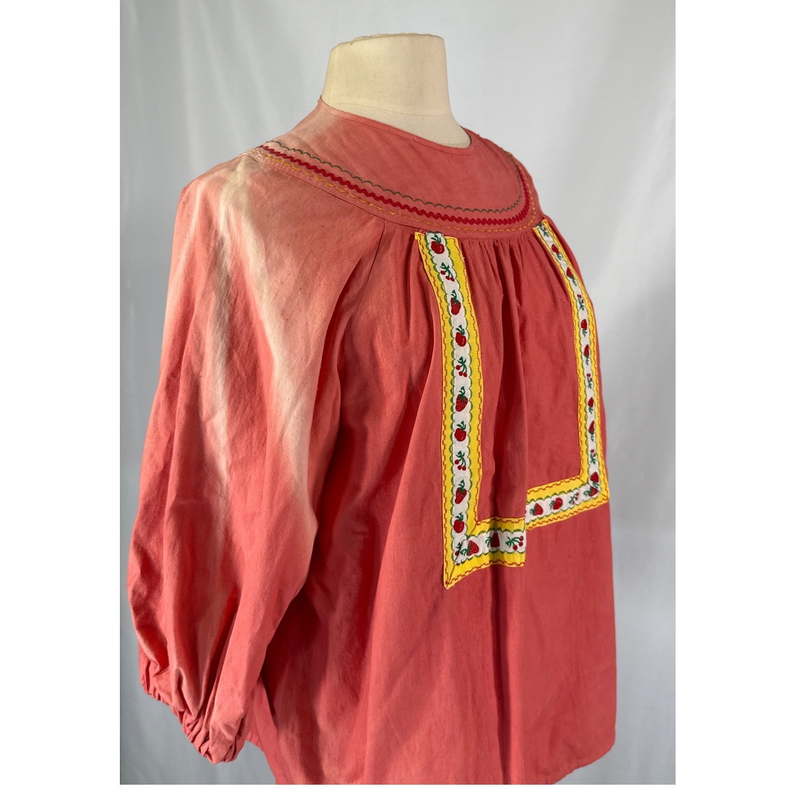 Vintage 70s Handmade Coral Peasant Blouse Strawberry Ribbon Trim Rickrack Boho