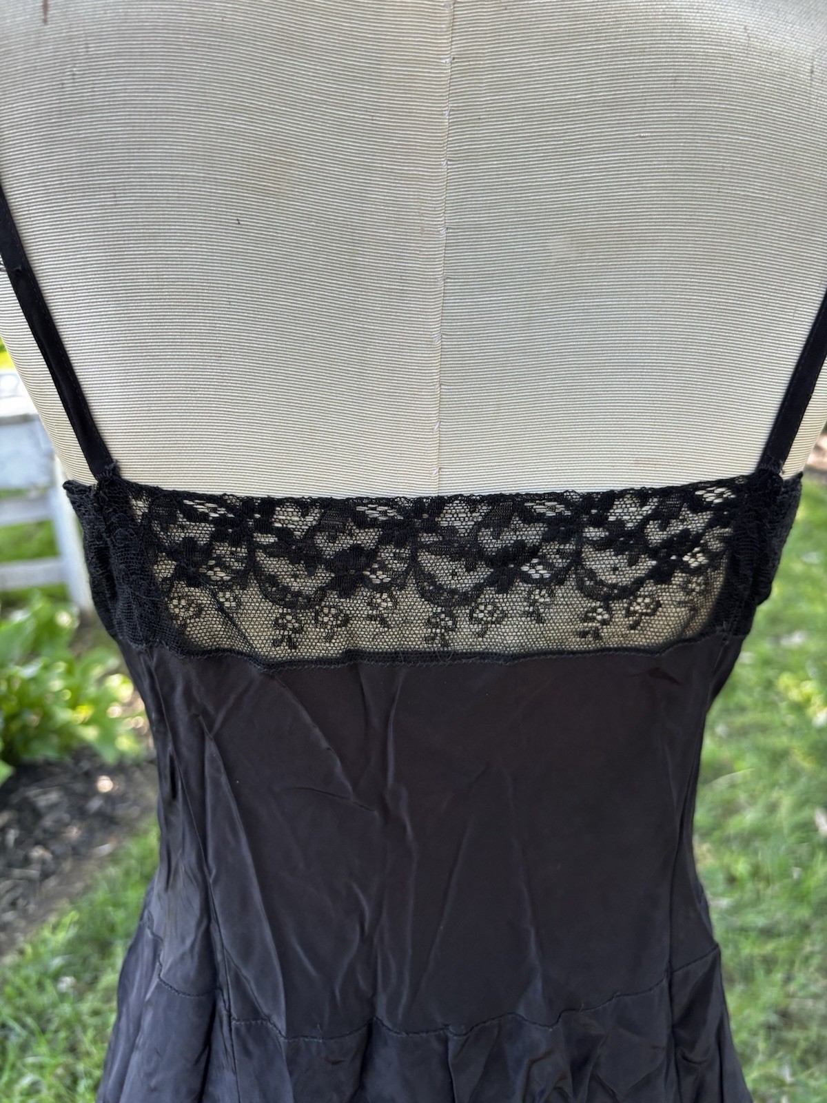VTG 1940s Black Bias Cut Rayon Midi Slip Dress Lace Sz L 40x30x38″ NICE