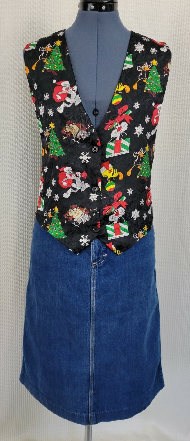 Vtg 1994 Looney Tunes Xmas Vest w Bugs, Daffy, Sylvester, Tasmanian Devil Sz S/M