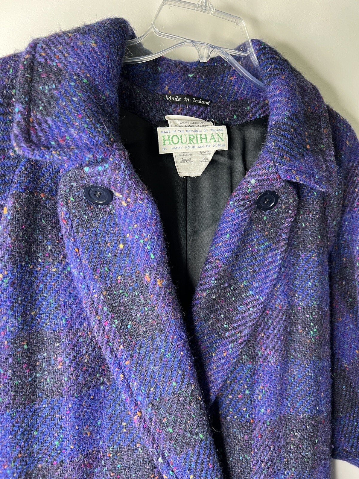 Vintage Jimmy Hourihan Sz 8 Purple Plaid Long Coat Wool Speckle Tweed Ireland