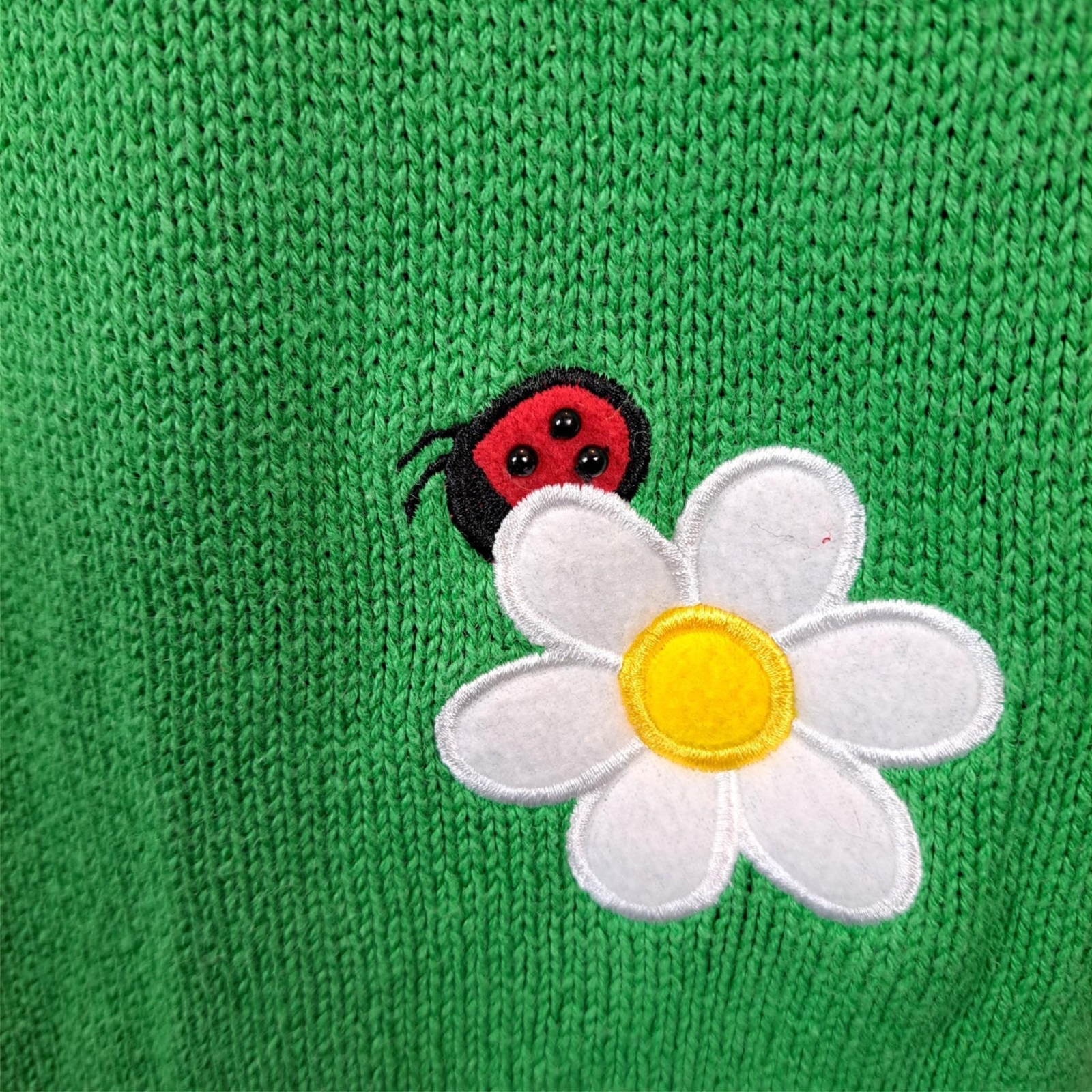 Vintage Sweater Cardigan Green Short Sleeves Lady Bug Daisy Size XL