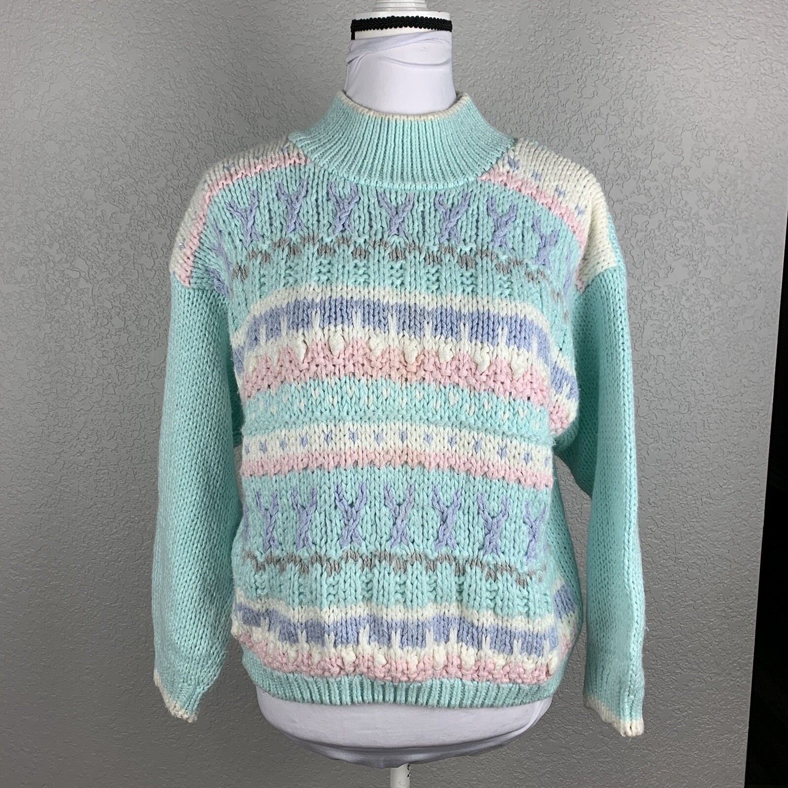 Vtg Jamie Scott Hand Knit Large Fairy Kei Chunky Knit Sweater Hi Neck