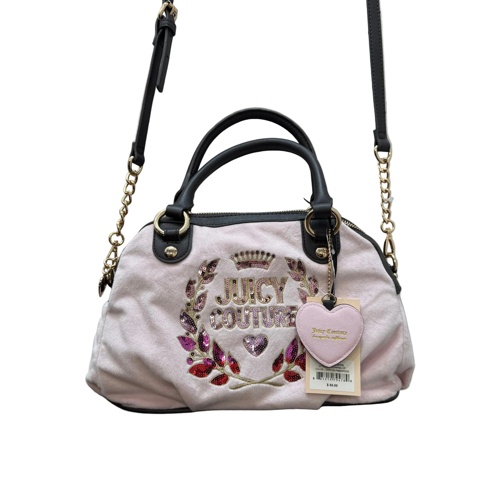 Vintage Juicy Couture pink velour rhinestone satchel bag Y2K heart charm