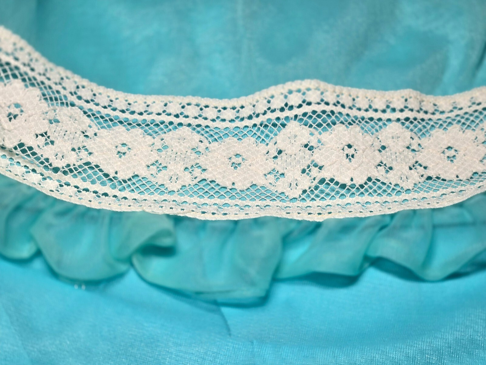 Vintage Nightgown – Turquoise w/ White Lace – Full Length – ’60s – Tie Front