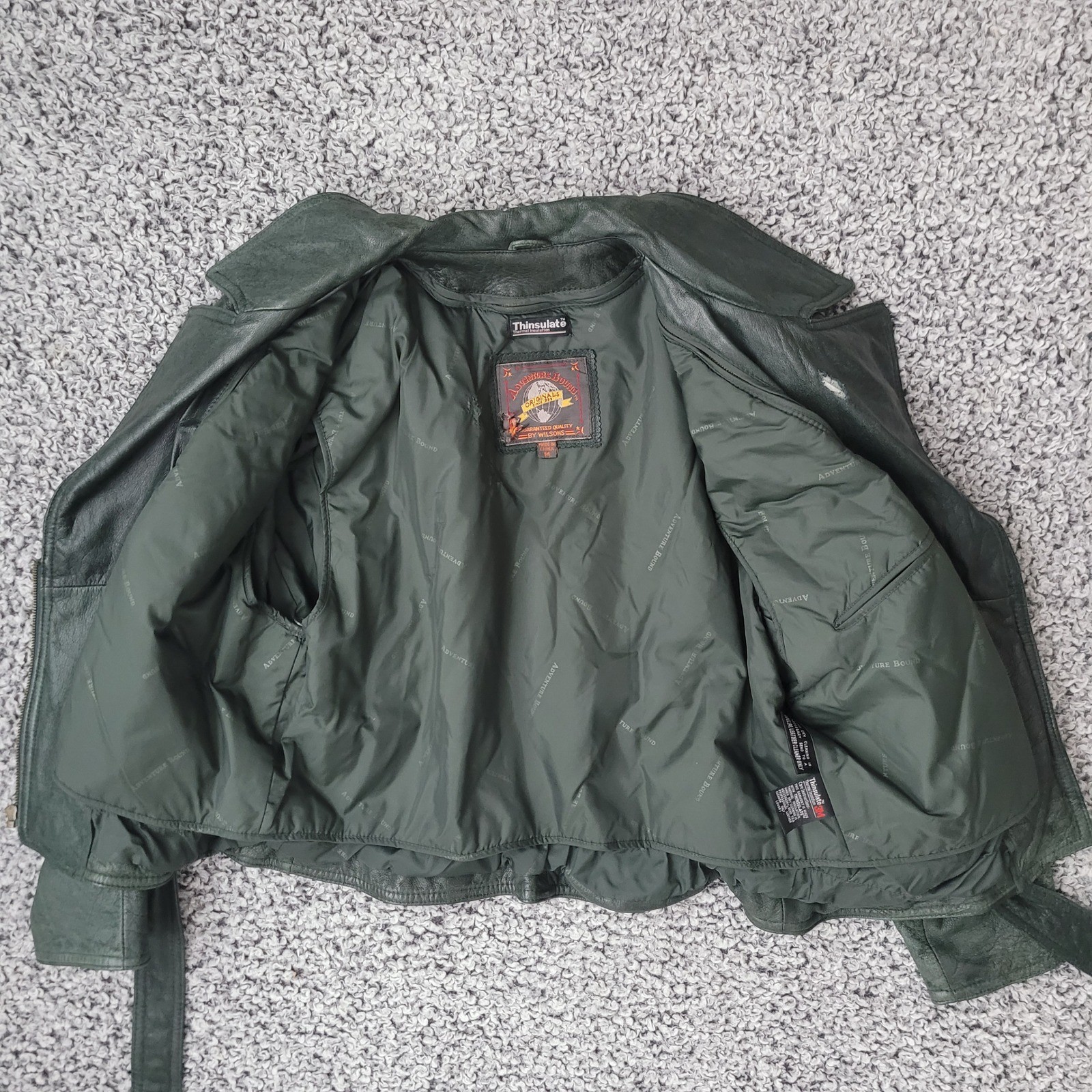 Vintage Adventure Bound Wilson’s dark green leather bomber jacket thinsulate