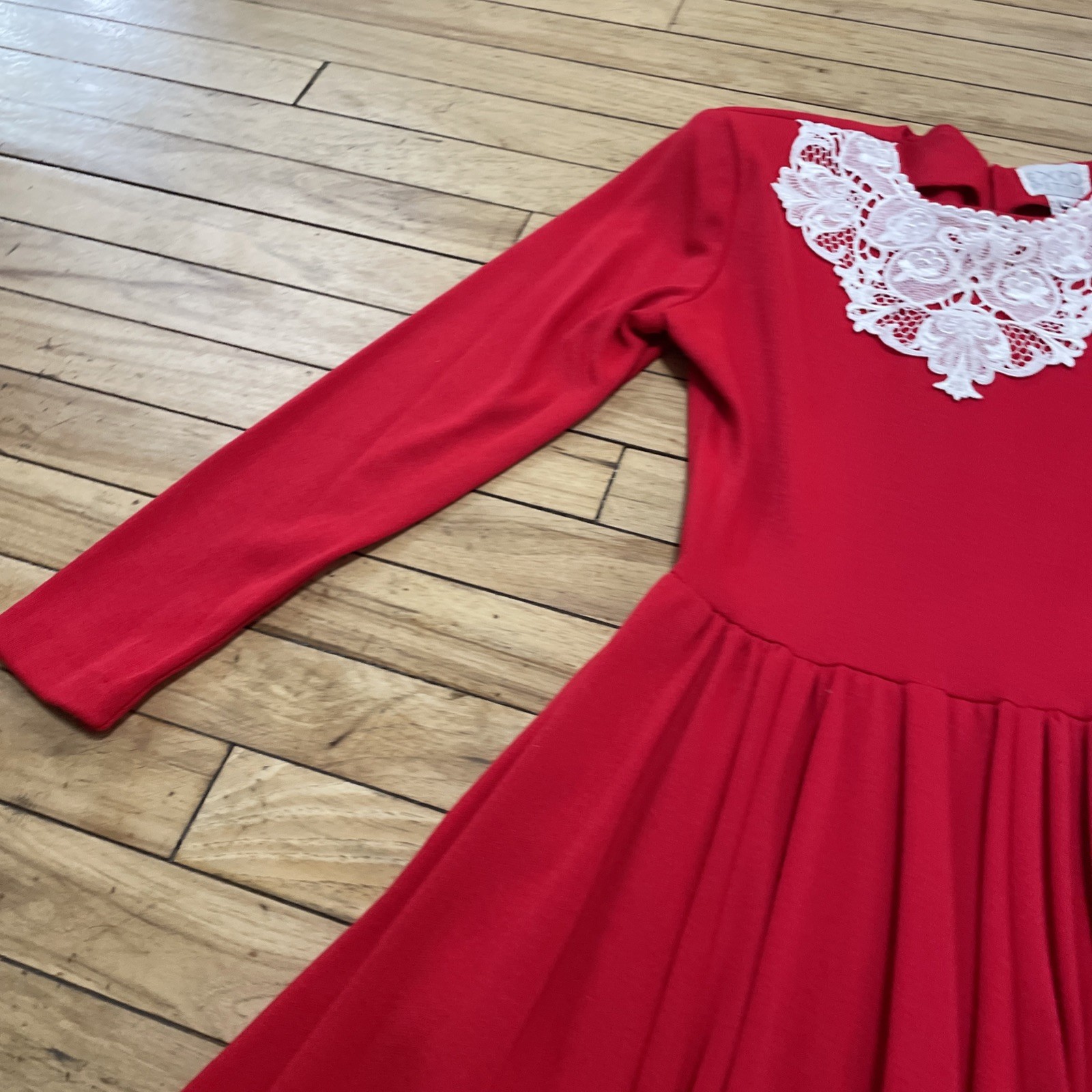 Expo Petite Vintage 1980’s Lace Trim Red Praire Dress Women 4 Wool Zip Made USA