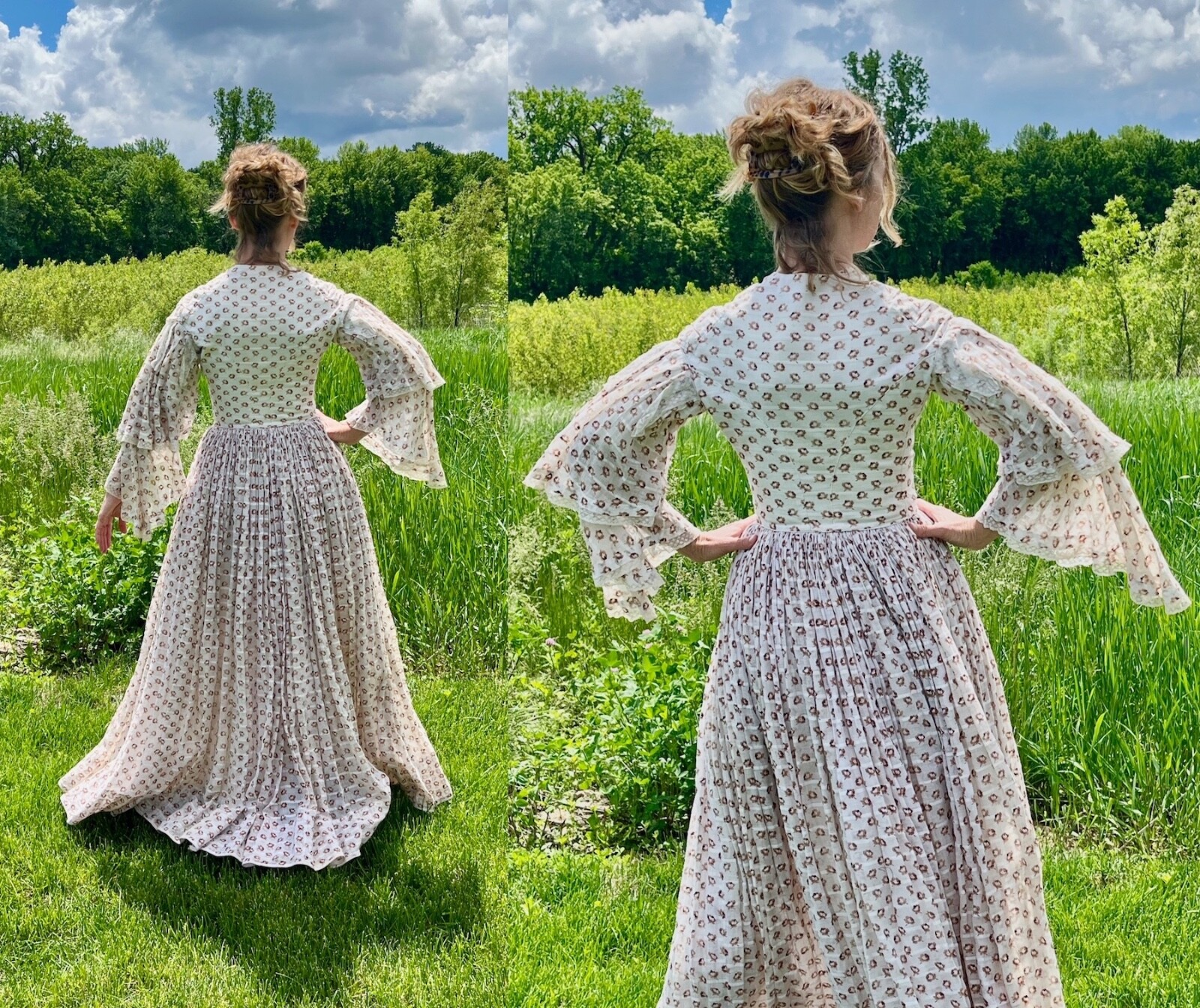 1850s Victorian Printed Rosebud Cotton Fan Front Dress Tiered Pagoda Sleeves XS