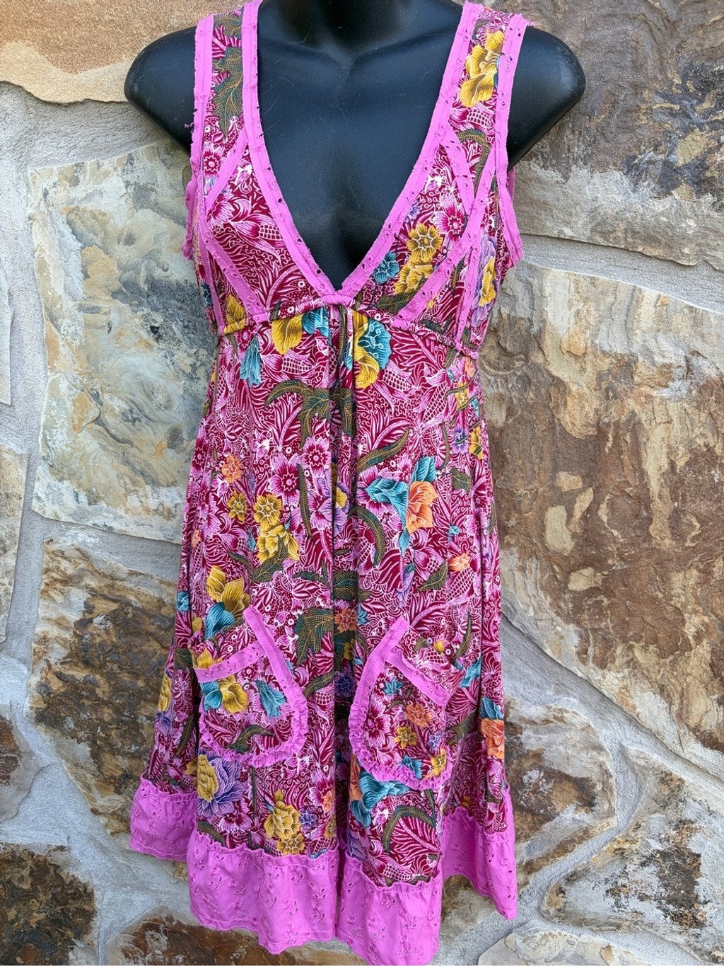 Vintage Y2K Free People BoHo Tropical Floral Mini Dress Romantic Cottagecore