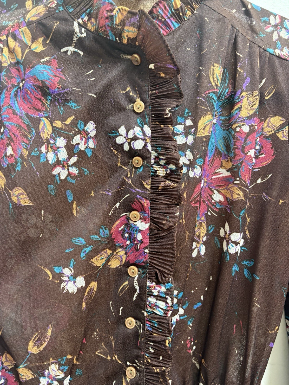 Vintage 70s Teena Paige Prairie Midi Dress Floral Sheer Ruffle Boho Cottagecore