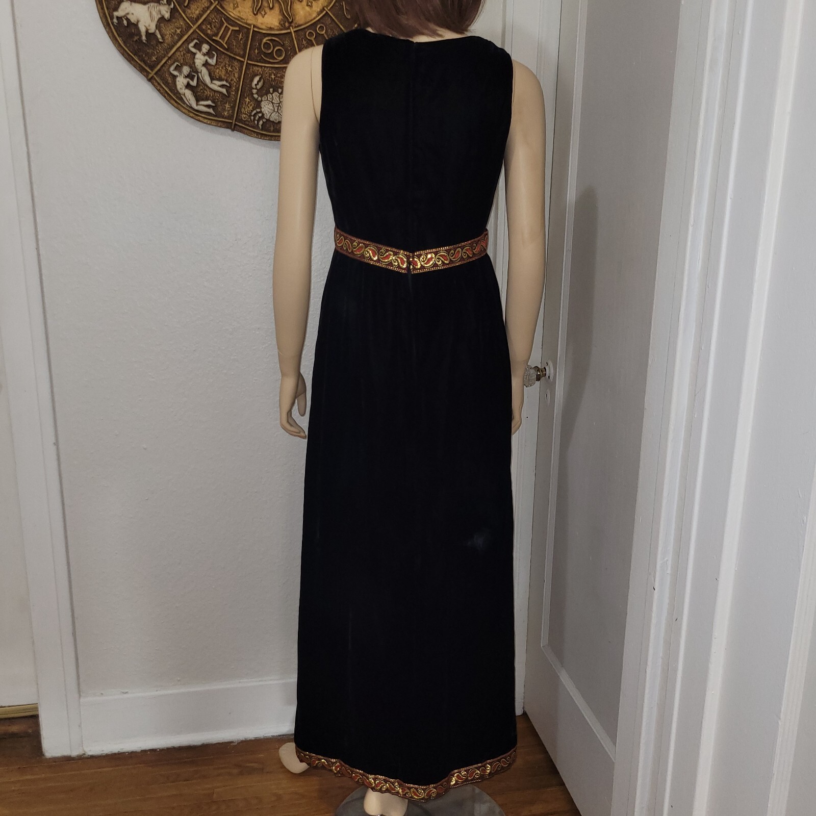 Mod Vintage Black Velvet Hostess Dress With Shorts Red & Gold Paisley Trim 1960s