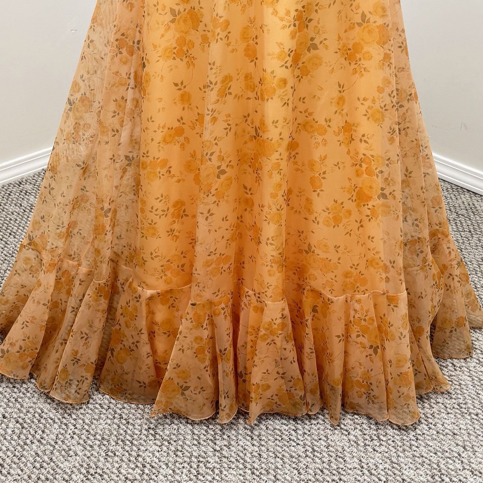 VTG 70s Maxi Dress S Floral Convertible Ruffle Cascade Bustle Train ILGWU USA