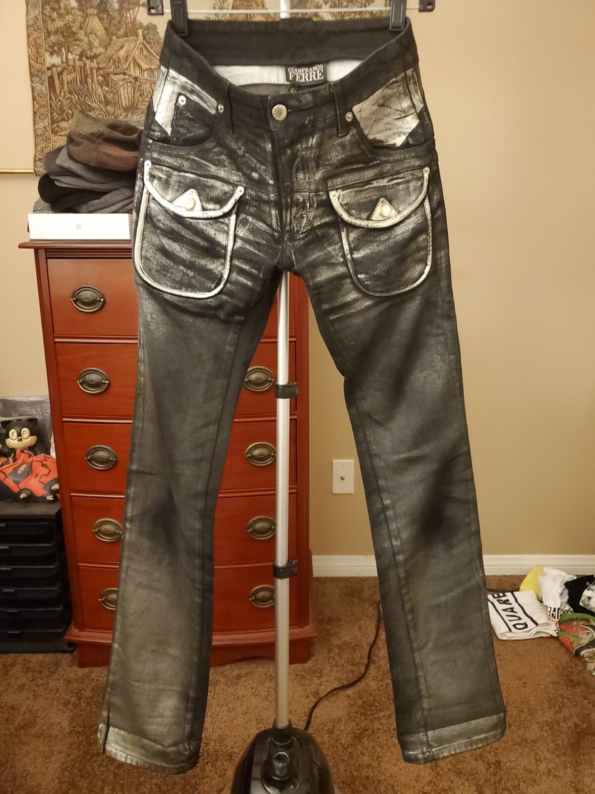 Vintage Gianfranco Ferre Women’s Waxed Metallic Straight Leg Jeans Size 26/40