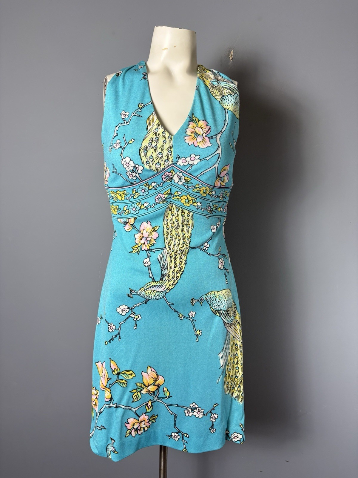 Vintage 70s Womens S Handmade Polyester Peacock Print Sleeveless Mini Dress
