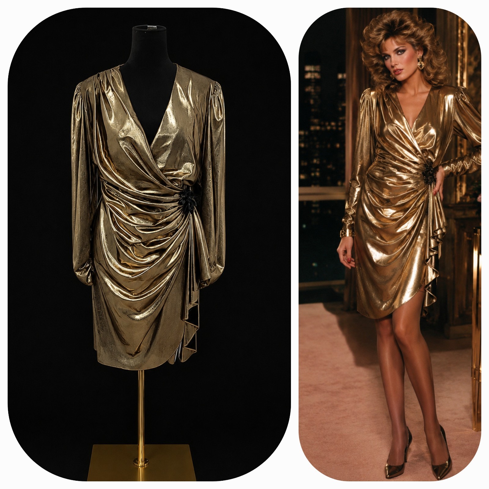 Vintage 80s Filigree Metallic Gold Lamé Ruched Wrap Cocktail Dress Draped Party