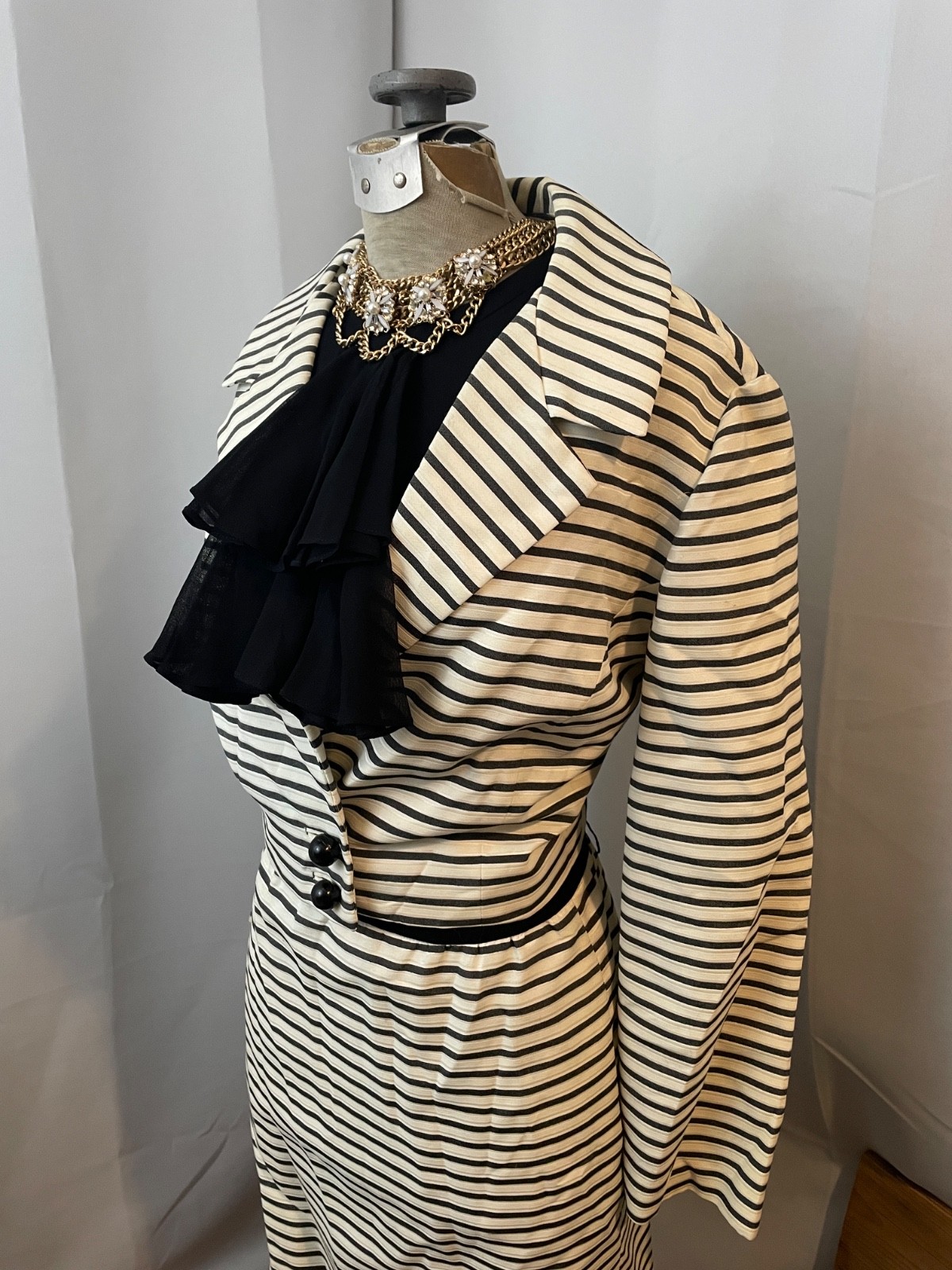 Best & Co. Black & White Striped Ruffle Dress with Suit Jacket 1960s Vintage S M