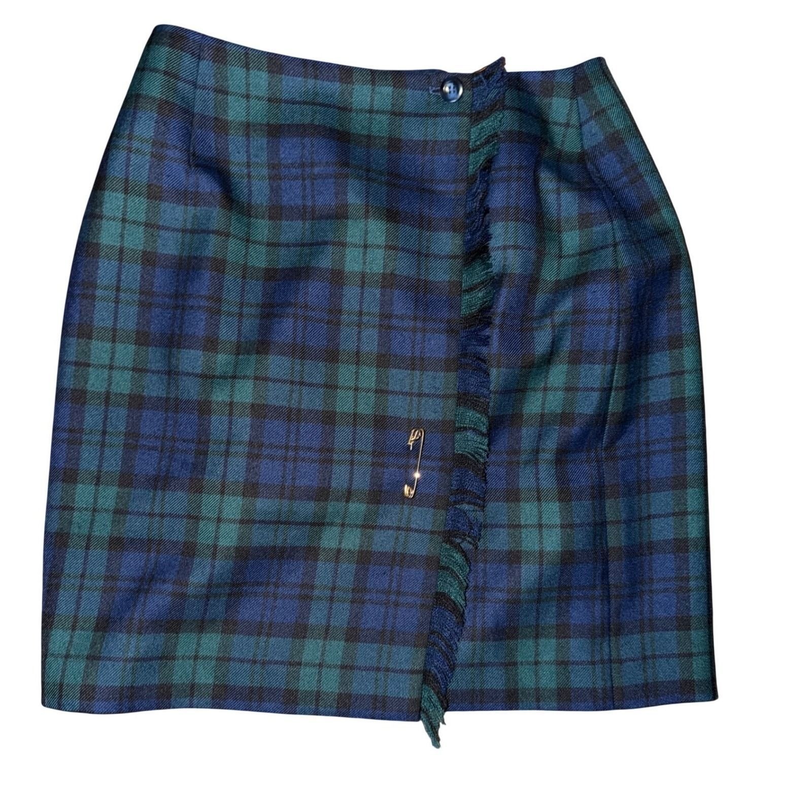 Cambridge Dry Goods Vintage Plaid Mini Wrap Skirt Navy Green Wool Blend 8