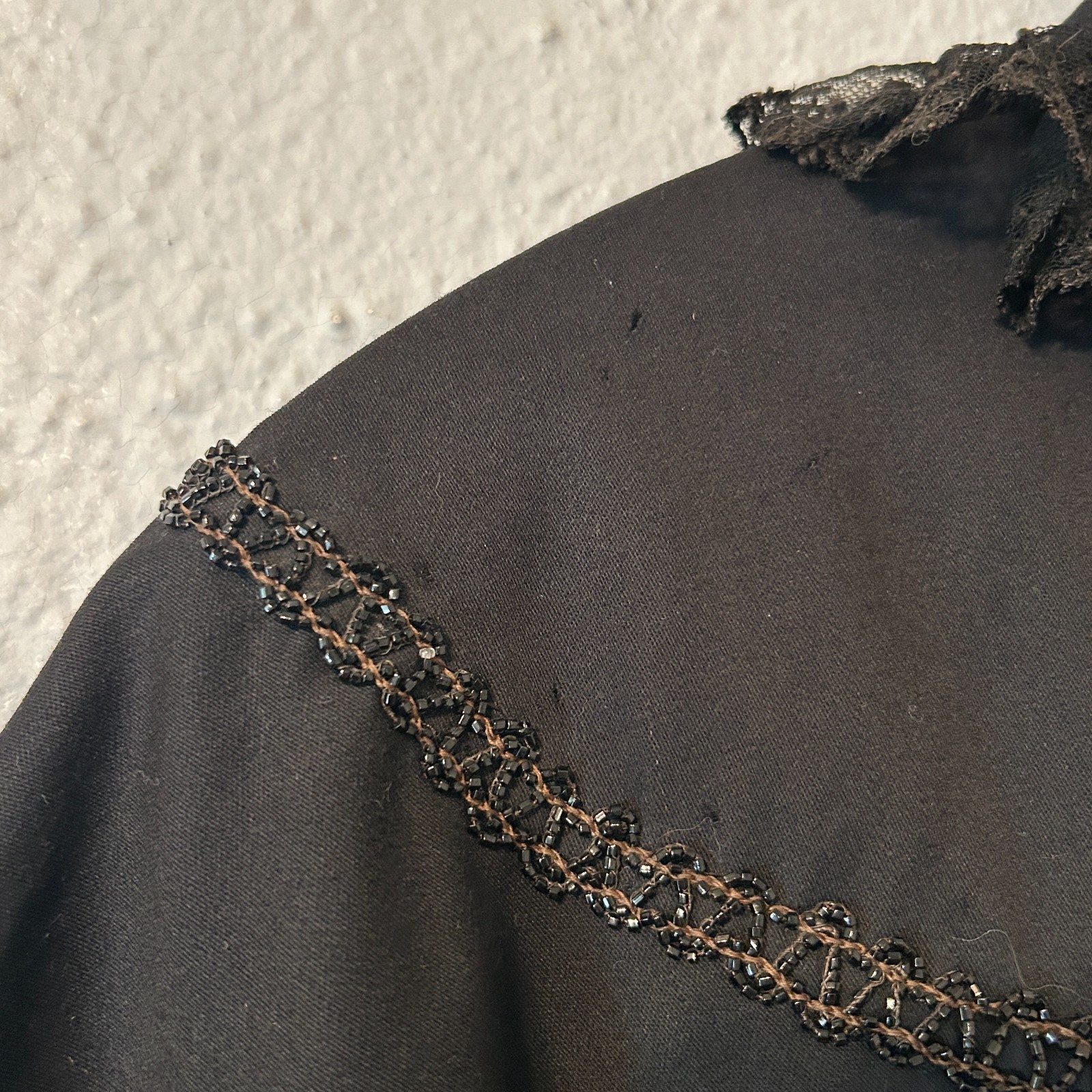 Antique Victorian Black Wool Beaded Evening Cape Capelet Cloak Mourning 1800s