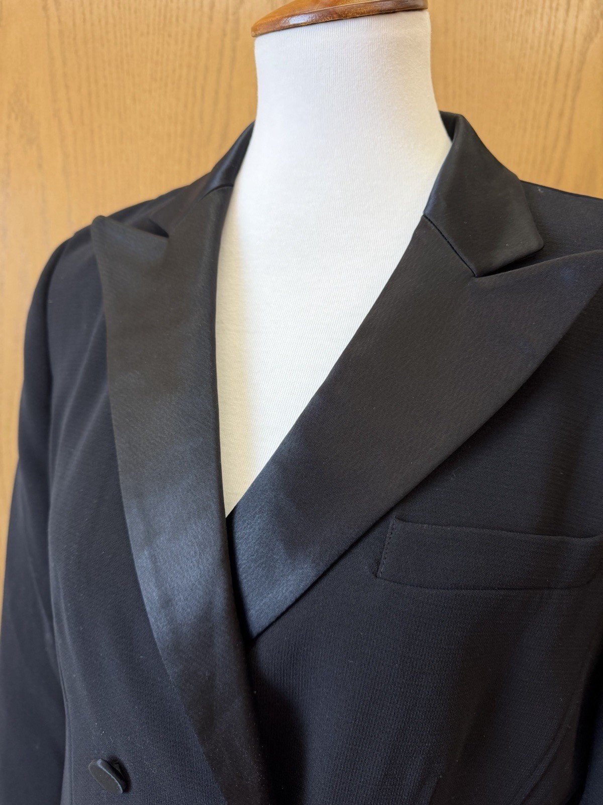 Vtg Jones NY Sz 10 Tuxedo Dress Classic Black Double Breasted Satin Details
