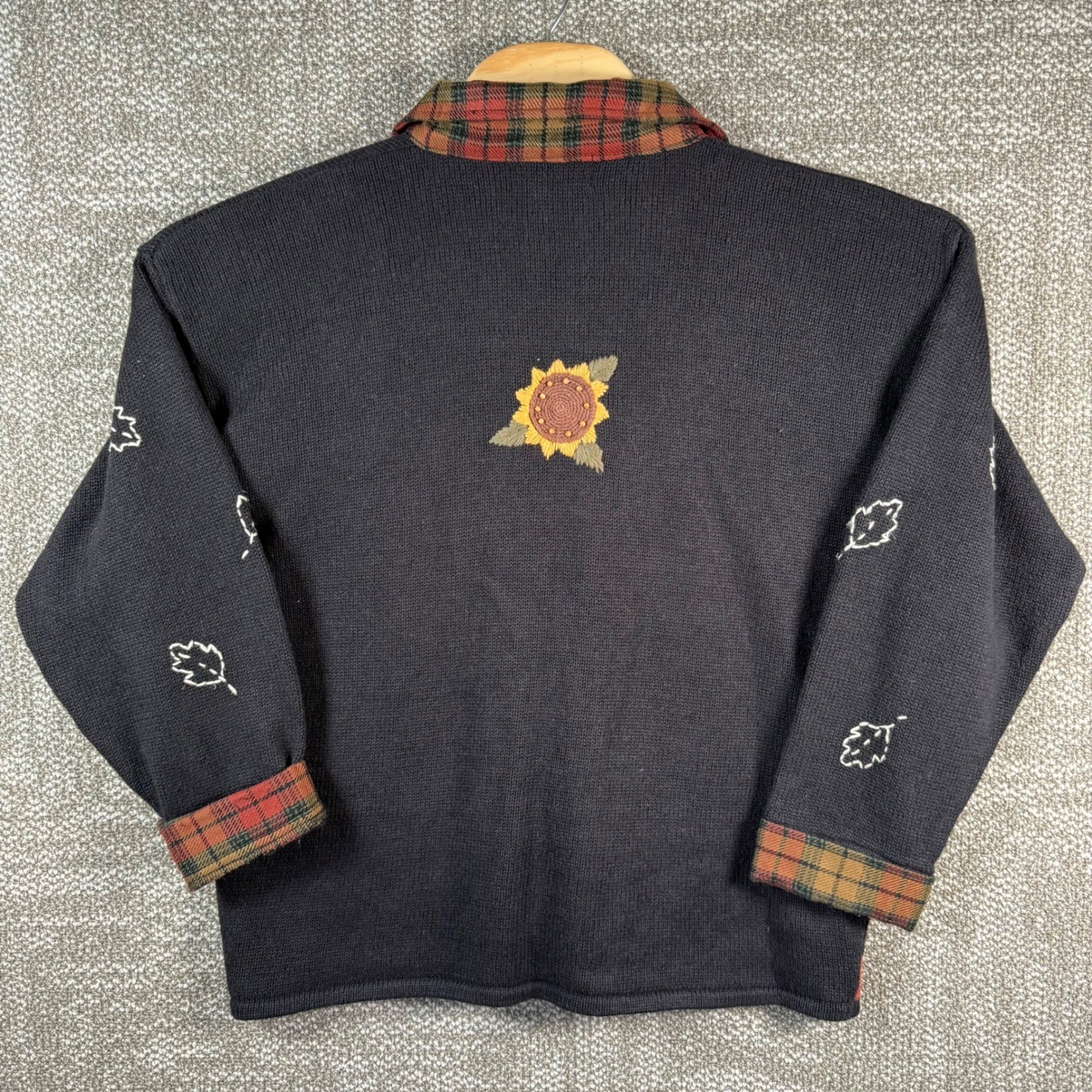 Mandal Bay Happy Harvest Cardigan Sweater Women L Black Fall Scarecrow Vintage